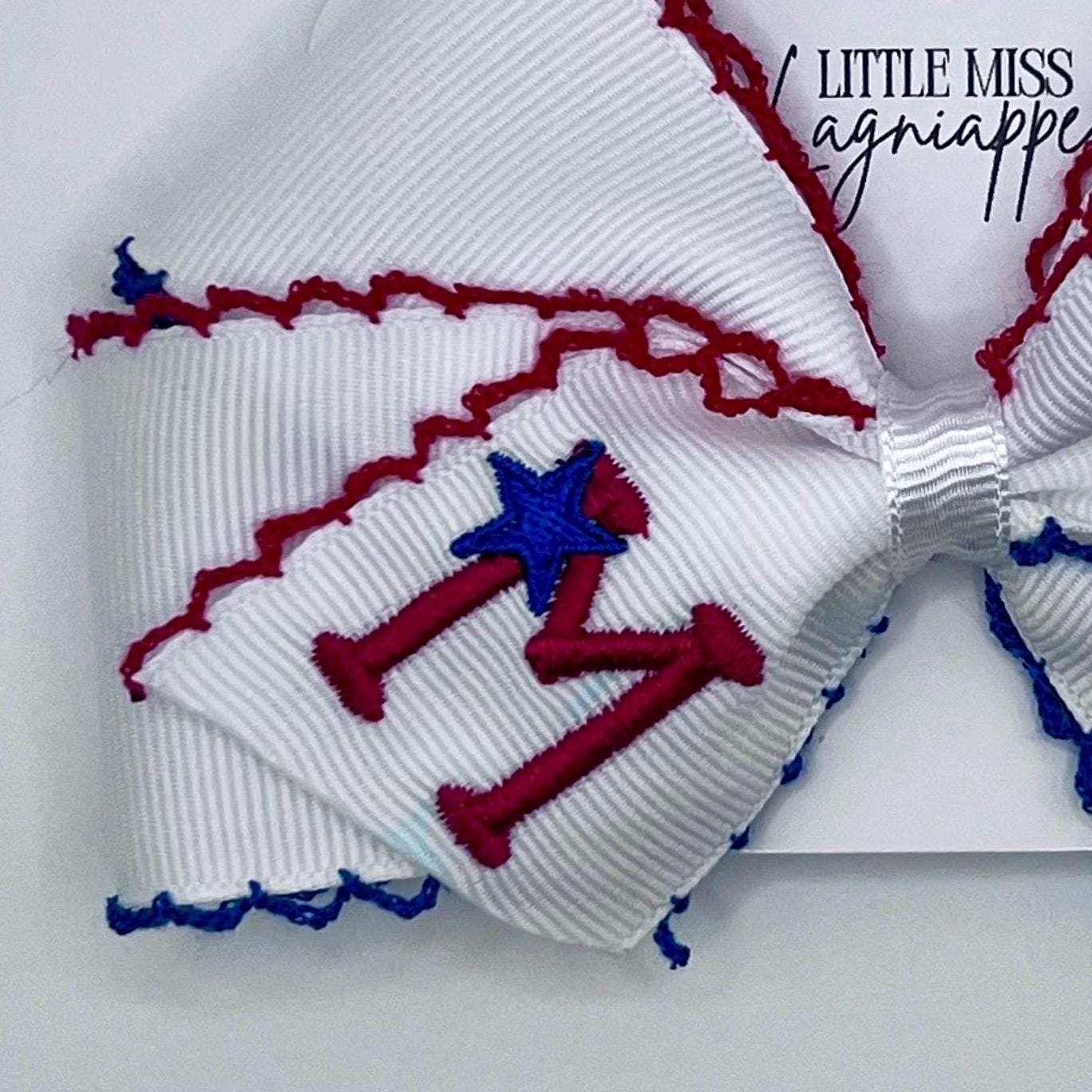 Personalized American Grosgrain Hair Bow- Moonstitch Ribbon with Embroidered Initial