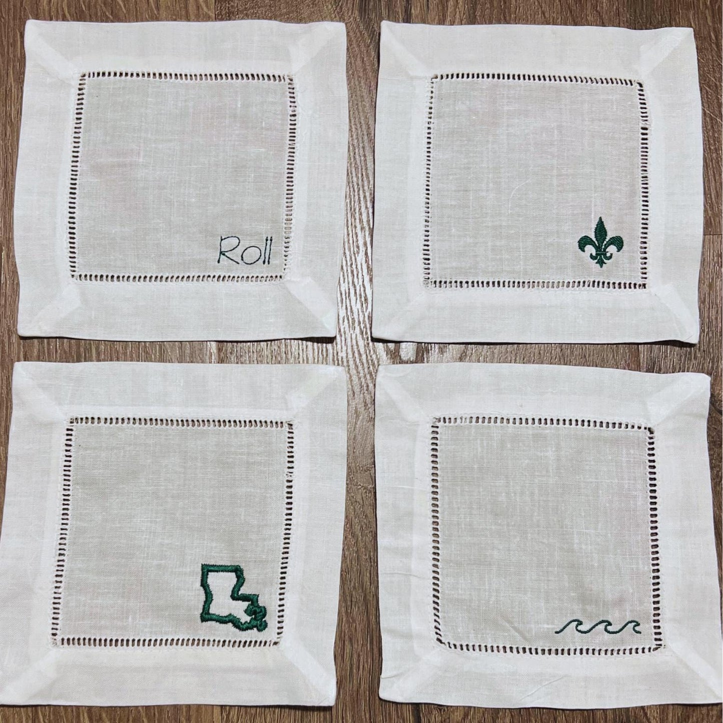 Tulane Linen Cocktail Napkin | Graduation Gift | Roll Wave | Linen Hemstitched Napkins | Custom Napkin