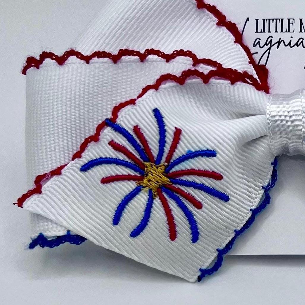 American Grosgrain Hair Bow- Moonstitch Ribbon with Embroidered Firework