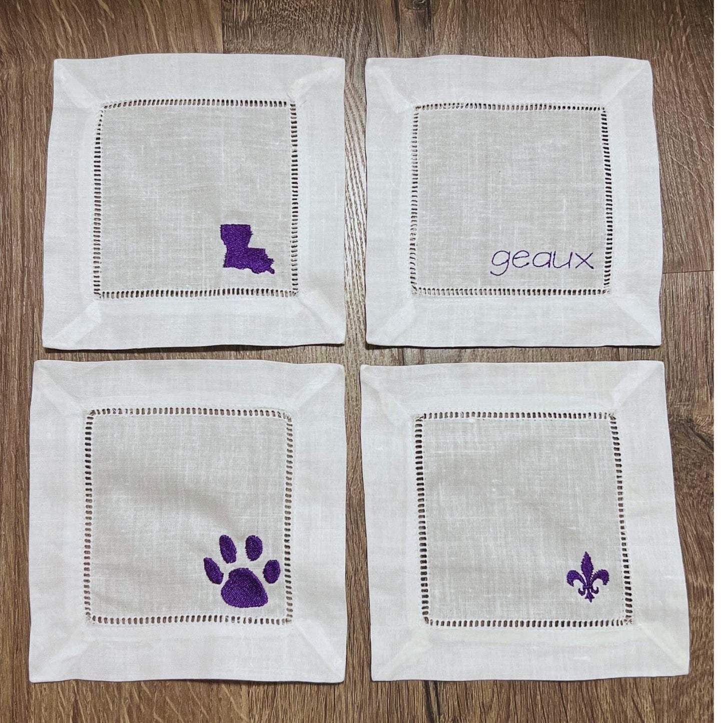 LSU Linen Cocktail Napkin | Graduation Gift | Geaux Tigers | Linen Hemstitched Napkins | Custom Napkin