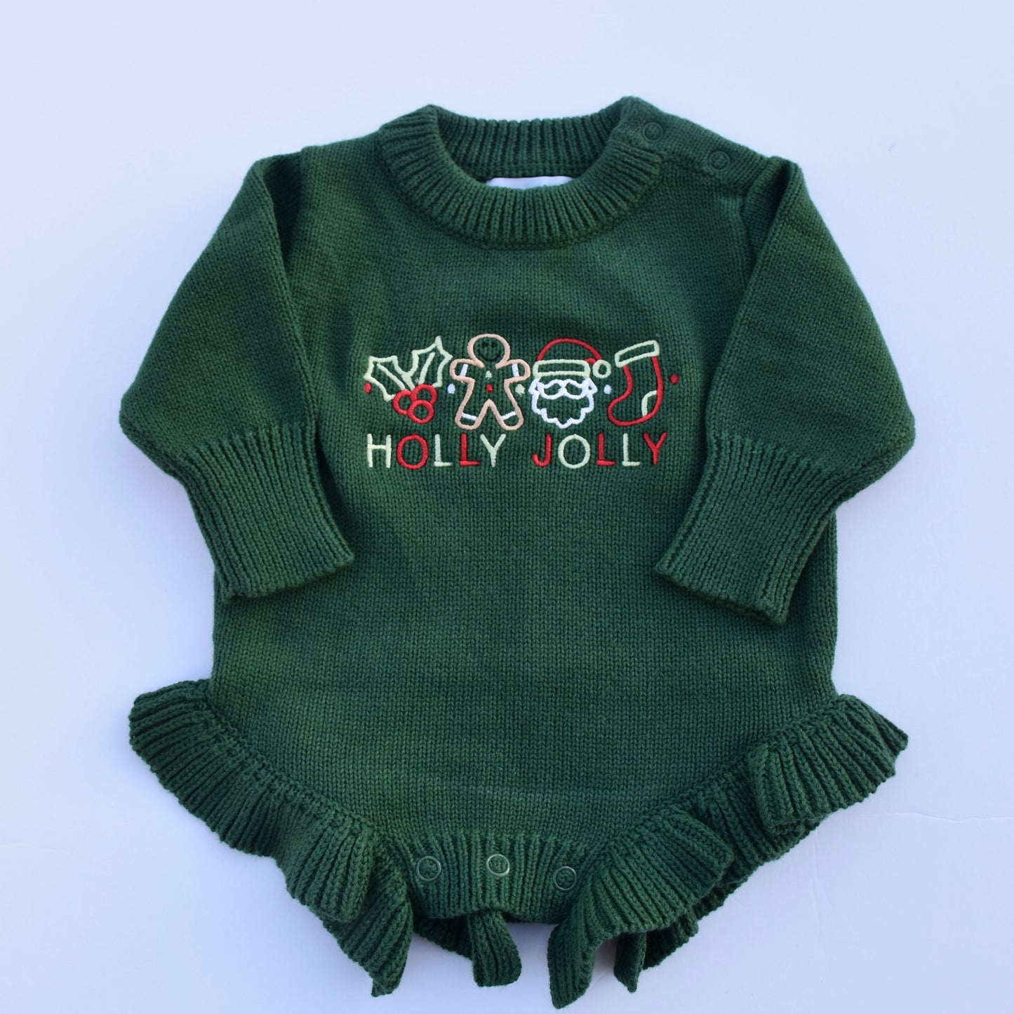 Green Knit Christmas Romper- Holly Jolly