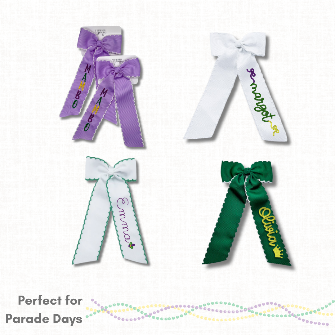Mardi Gras Embroidered Bows- Long Tail