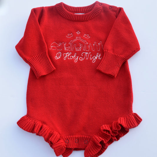 Red Knit Christmas Romper- O Holy Night