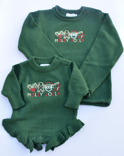 Green Knit Christmas Romper- Holly Jolly