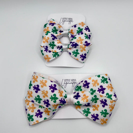 Mardi Gras Fleur de Lis Grosgrain Hair Bow- Single or Pig Tails