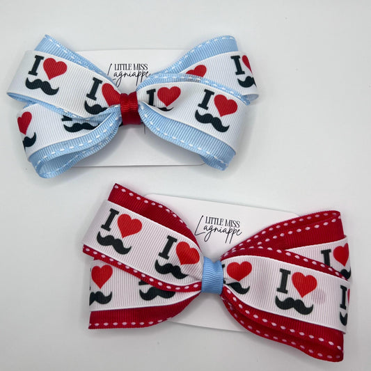 I Love Mustache Double Layer Grosgrain Hair Bow- Red and Blue