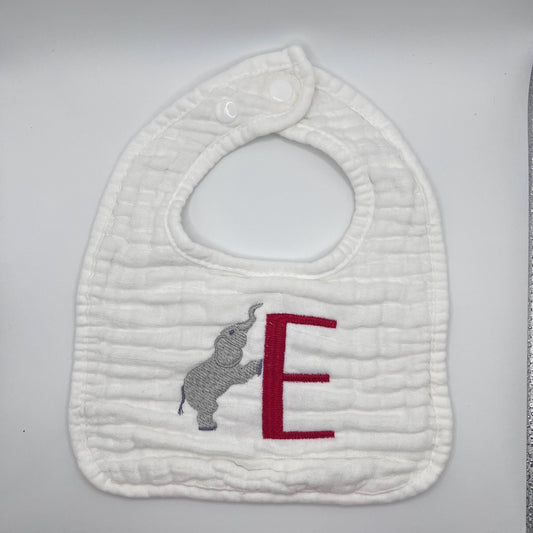 Personalized Elephant Muslin Bib: Embroidered Initial