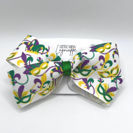Mardi Gras Grosgrain Hair Bow- Masks, Fleur De Lis, Beads
