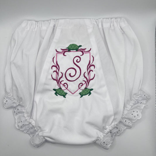 Personalized Turtle Embroidered Baby Bloomer: Initial Monogram