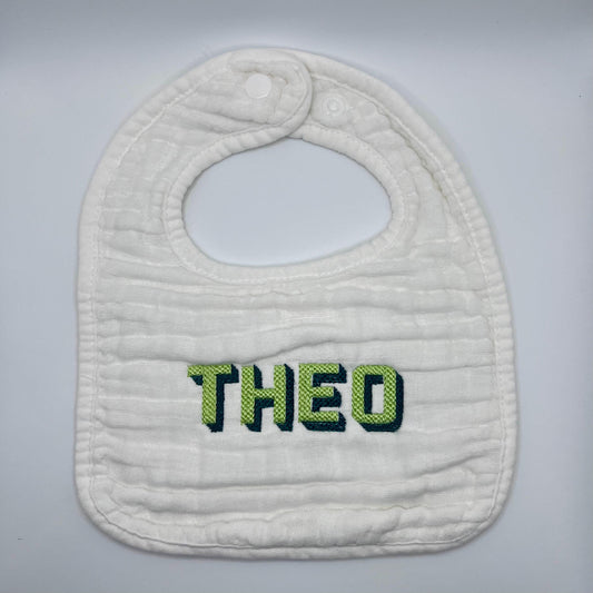 Personalized Embroidered Muslin Bib or Burp Cloth: Dual Color Block Font