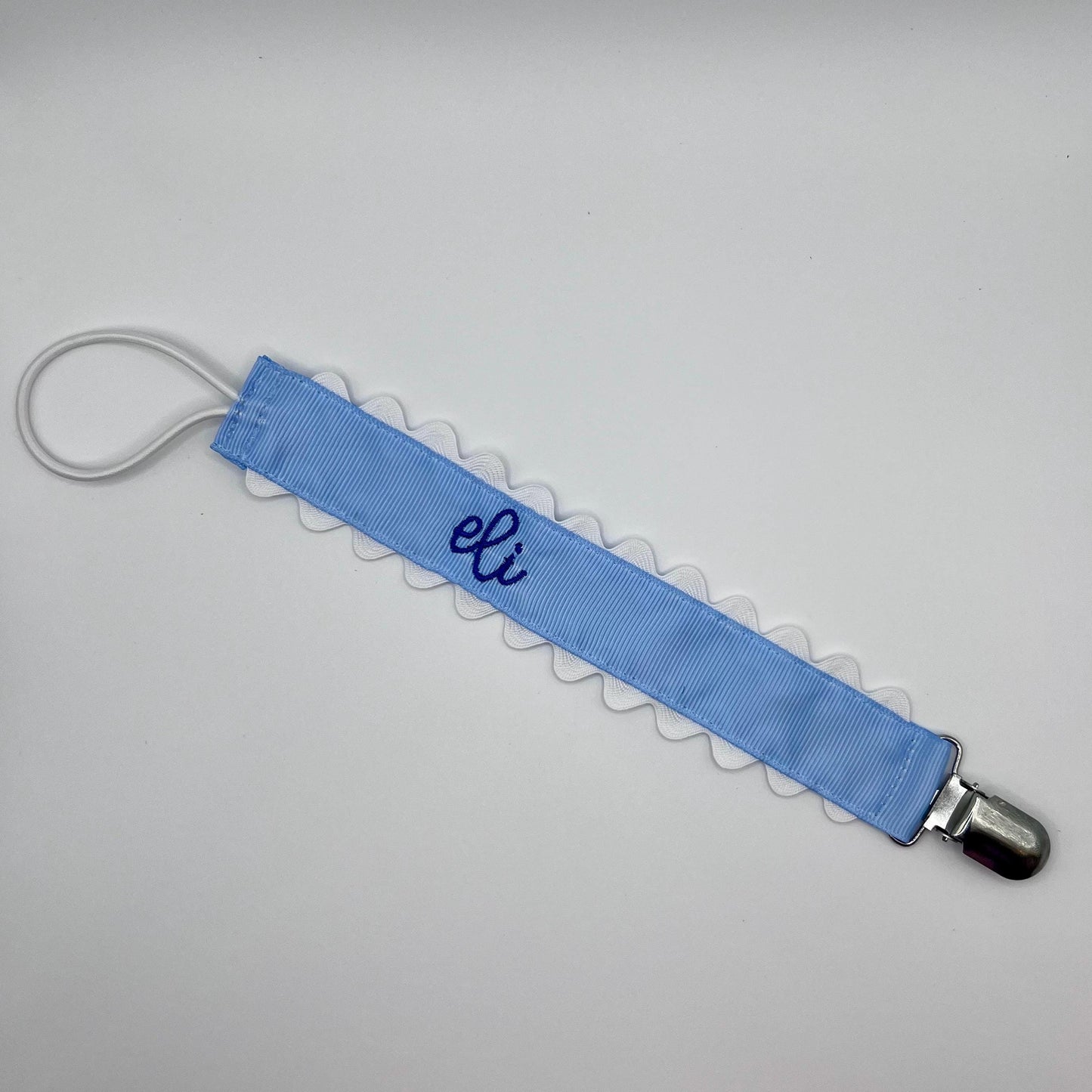 Monogrammed Embroidered Pacifier Clip: Grosgrain Ribbon Ric Rac Trim