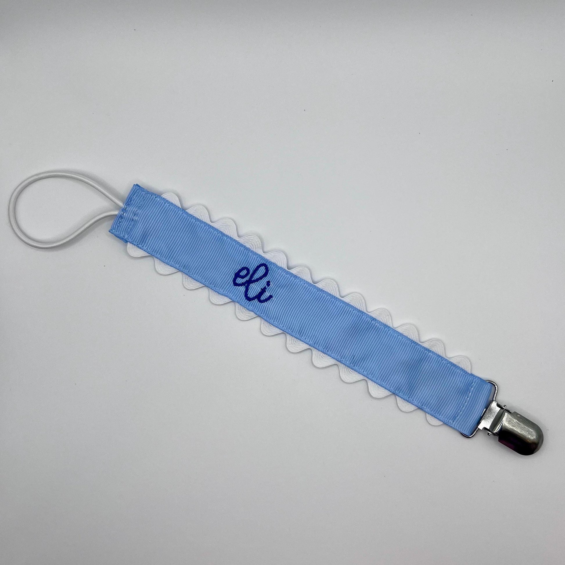 Monogrammed Embroidered Pacifier Clip: Grosgrain Ribbon Ric Rac Trim