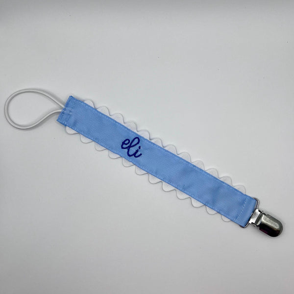 Monogrammed Embroidered Pacifier Clip: Grosgrain Ribbon Ric Rac Trim