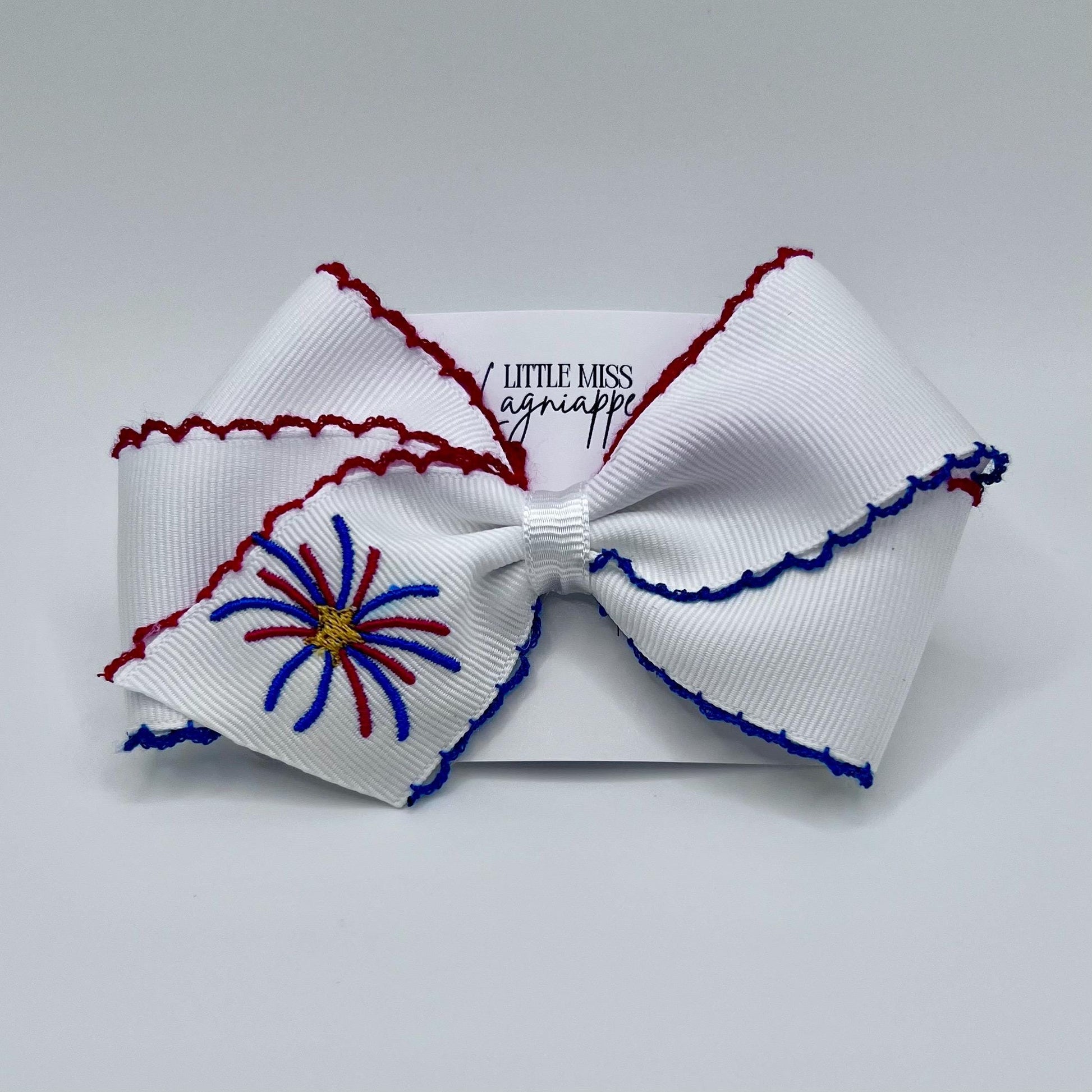 American Grosgrain Hair Bow- Moonstitch Ribbon with Embroidered Firework