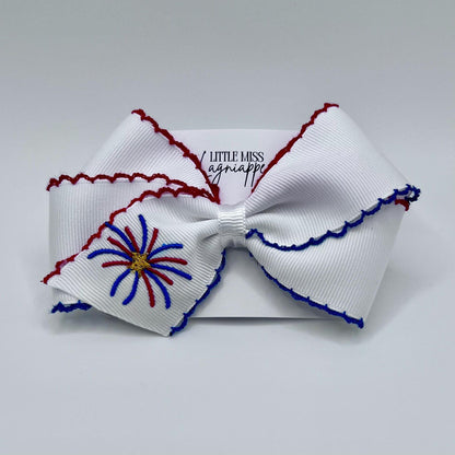 American Grosgrain Hair Bow- Moonstitch Ribbon with Embroidered Firework