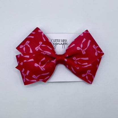 Pink Bow on Red Grosgrain Ribbon - Alligator Clip Hair Bow