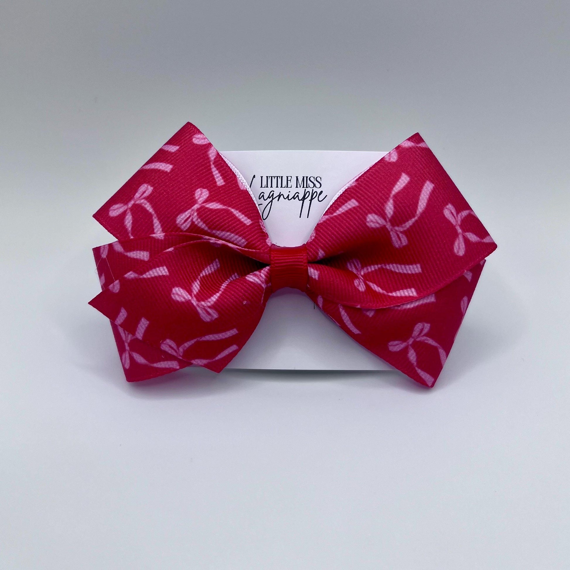 Pink Bow on Red Grosgrain Ribbon - Alligator Clip Hair Bow