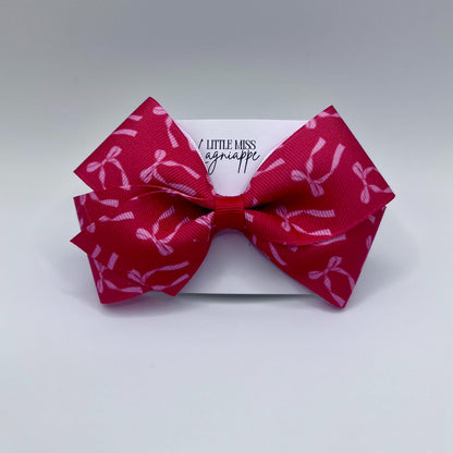 Pink Bow on Red Grosgrain Ribbon - Alligator Clip Hair Bow