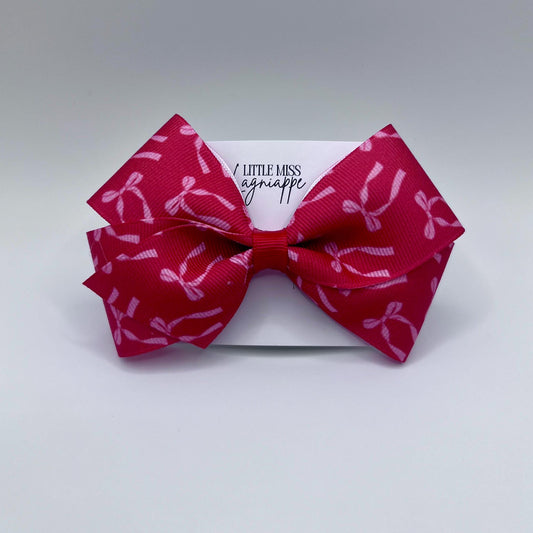 Pink Bow on Red Grosgrain Ribbon - Alligator Clip Hair Bow