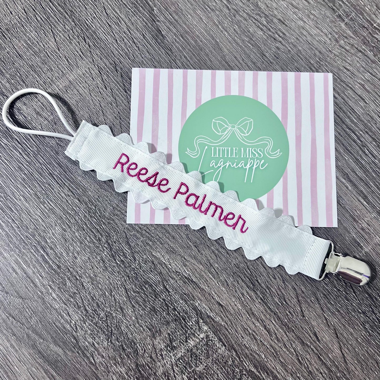 Monogrammed Embroidered Pacifier Clip: Grosgrain Ribbon Ric Rac Trim