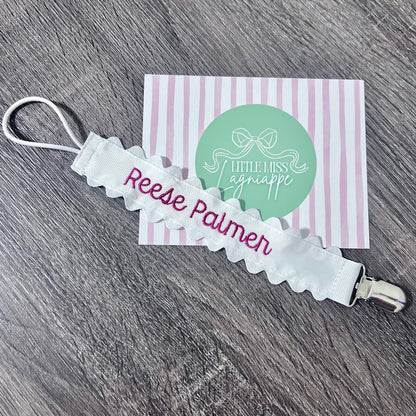 Monogrammed Embroidered Pacifier Clip: Grosgrain Ribbon Ric Rac Trim