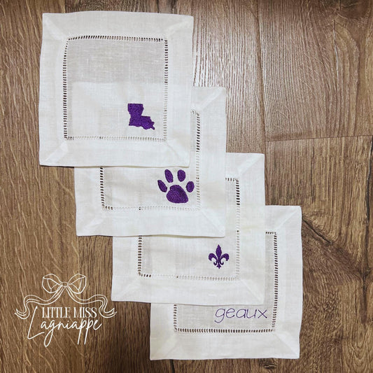 LSU Linen Cocktail Napkin | Graduation Gift | Geaux Tigers | Linen Hemstitched Napkins | Custom Napkin