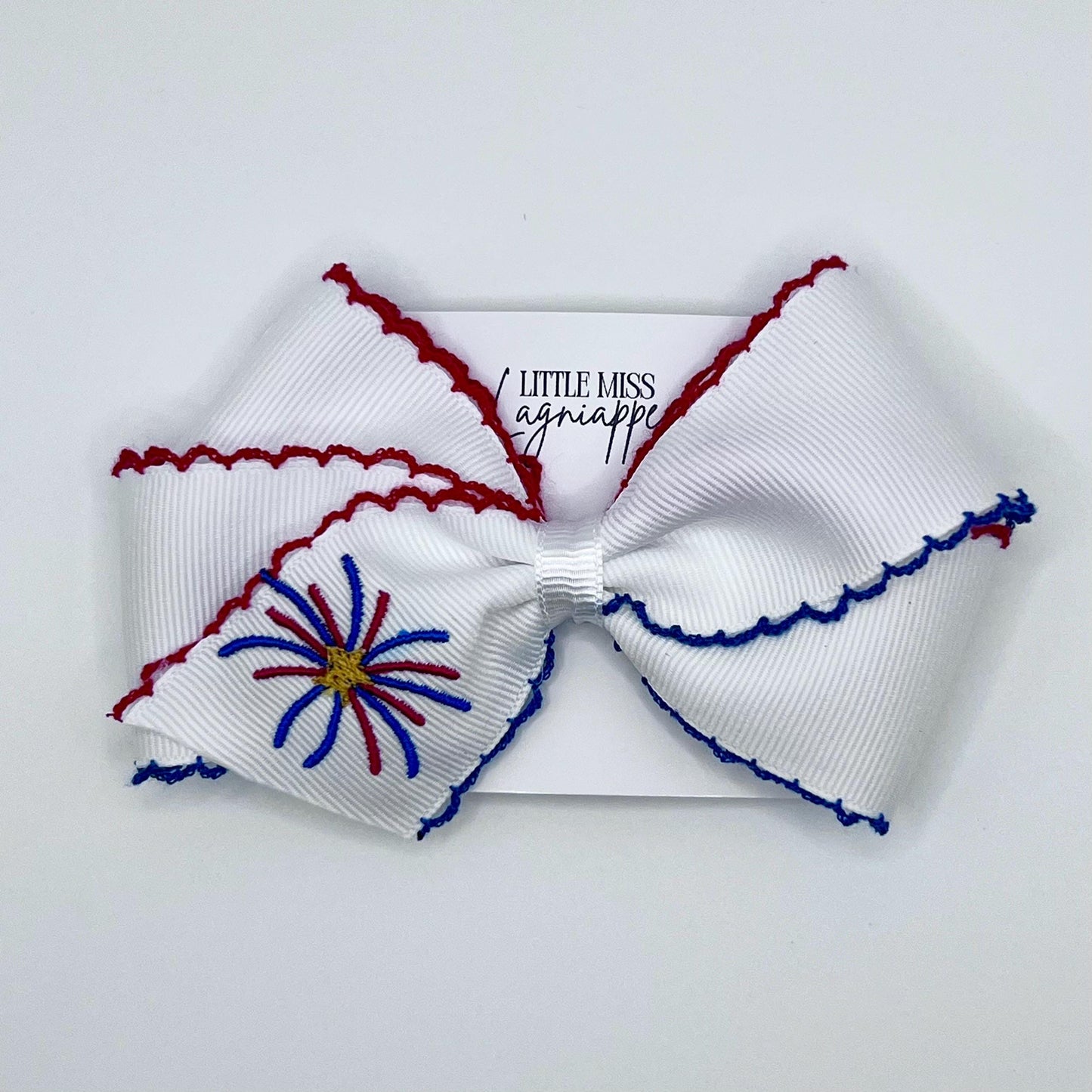 American Grosgrain Hair Bow- Moonstitch Ribbon with Embroidered Firework