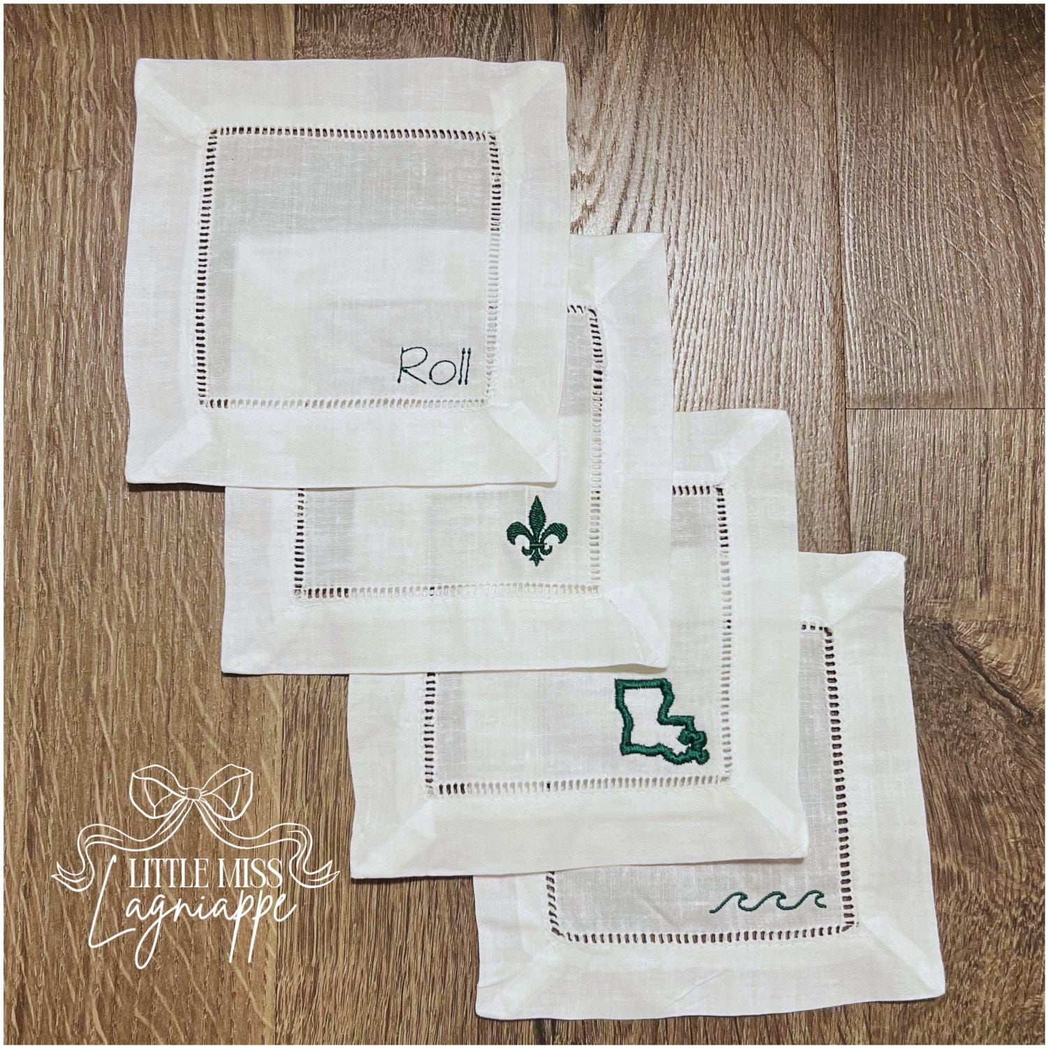 Tulane Linen Cocktail Napkin | Graduation Gift | Roll Wave | Linen Hemstitched Napkins | Custom Napkin
