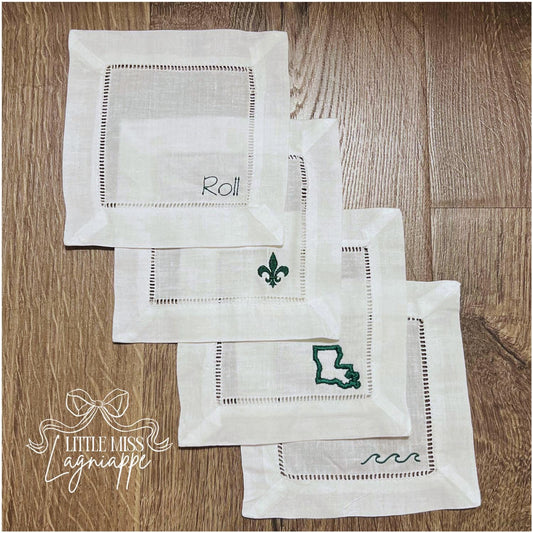 Tulane Linen Cocktail Napkin | Graduation Gift | Roll Wave | Linen Hemstitched Napkins | Custom Napkin