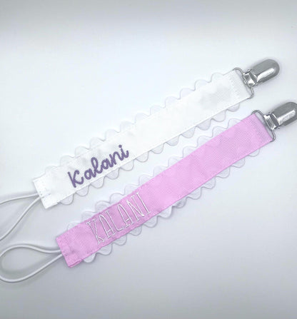 Monogrammed Embroidered Pacifier Clip: Grosgrain Ribbon Ric Rac Trim