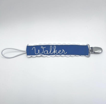 Monogrammed Embroidered Pacifier Clip: Grosgrain Ribbon Ric Rac Trim
