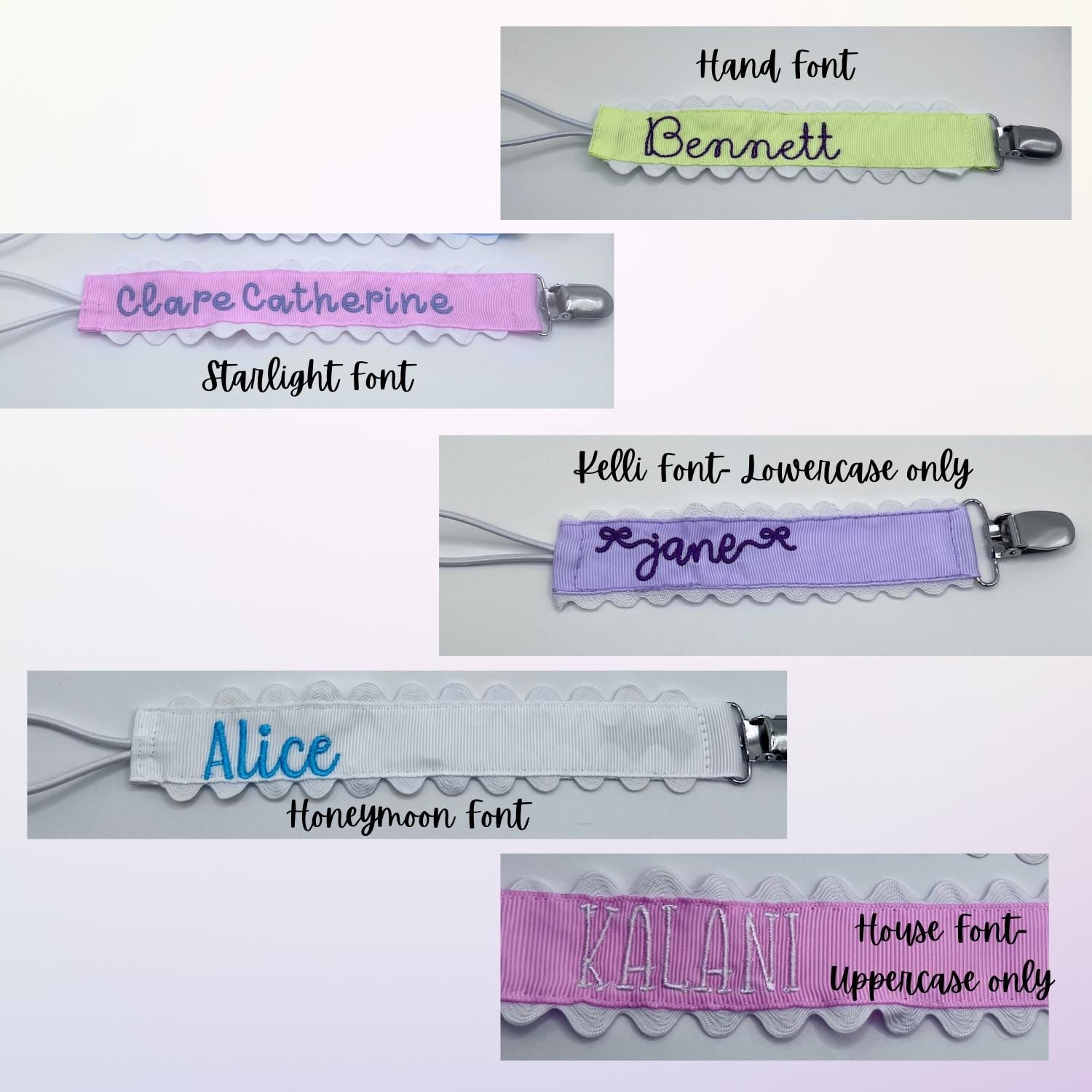 Monogrammed Embroidered Pacifier Clip: Grosgrain Ribbon Ric Rac Trim