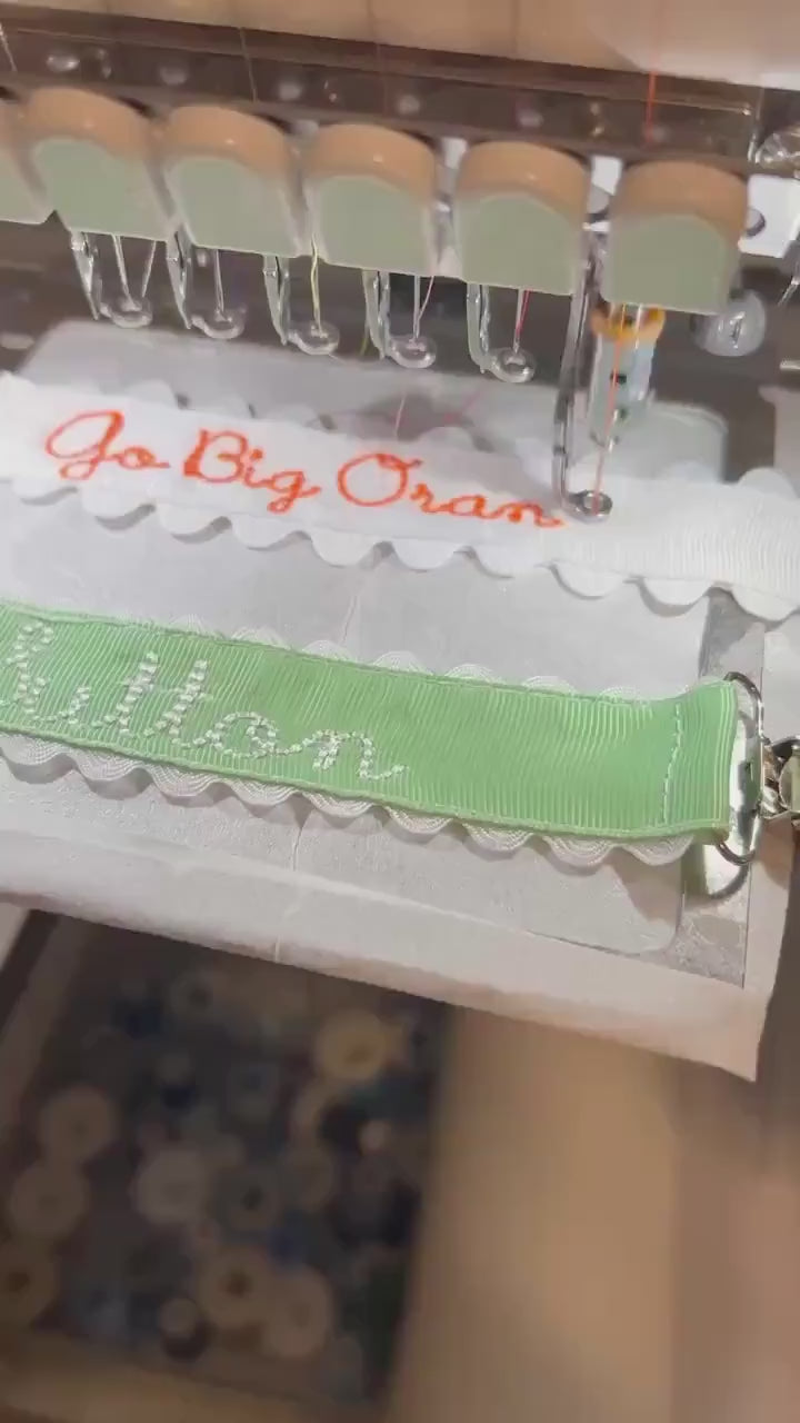 Monogrammed Embroidered Pacifier Clip: Grosgrain Ribbon Ric Rac Trim